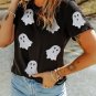 Black Glitter Ghost Pattern Crew Neck Halloween T Shirt