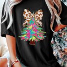 Black Heat Transfer Printing Christmas Tree Bowknot T Shirt