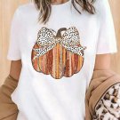 White Thanksgiving Bow Knot Pumpkin Print Round Neck T Shirt