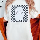 White Checkered Ghost Print Crew Neck Oversized T Shirt