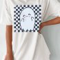 White Checkered Ghost Print Crew Neck Oversized T Shirt