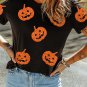 Black Glittering Pumpkin Face Graphic Crewneck Halloween T Shirt