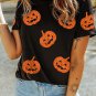 Black Glittering Pumpkin Face Graphic Crewneck Halloween T Shirt