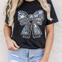 Black Rhinestone Bowknot Graphic Crewneck T Shirt