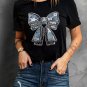Black Rhinestone Bowknot Graphic Crewneck T Shirt