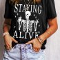 Black STAYING ALIVE Funny Skeleton Print Round Neck T Shirt