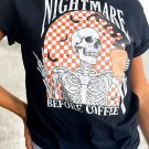 Black Nightmare Before Coffee Skull Checkerboard Graphic Halloween Tee
