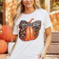White Halloween Bowknot Pumpkin Graphic Crewneck T Shirt