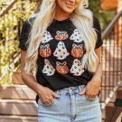 Black Halloween Ghost Pumpkin Print Crew Neck T Shirt