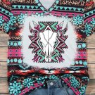 Green Western Aztec Turquoise Leopard Print V Neck Tee