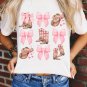 White Western Hat Boots Bow Knot Casual Graphic T Shirt