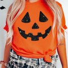 Orange Glittering Pumpkin Face Graphic Crewneck T Shirt