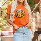 Orange Halloween Leopard Pumpkin Crew Neck Graphic Tee