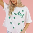 White St Patrick Lucky Clover Sequin Graphic T Shirt
