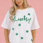 White St Patrick Lucky Clover Sequin Graphic T Shirt