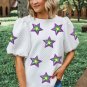 White Textured Sequin Mardi Gras Star Graphic Puff Sleeve Blouse