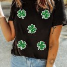 Black Four Leaf Clover Graphic St. Patricks Crewneck Tee