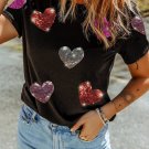 Black Sequin Heart Patched Pattern Crewneck Valentines Tee