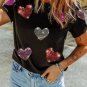 Black Sequin Heart Patched Pattern Crewneck Valentines Tee