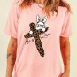 Pink He is Risen Easter Bunny Leopard Cross Graphic Tee