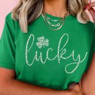 Bright Green Ceramic Rhinestone Lucky Clover Graphic Tee