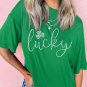 Bright Green Ceramic Rhinestone Lucky Clover Graphic Tee