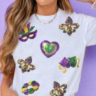 White Sequined Mardi Gras Symbolic Pattern Casual Tee
