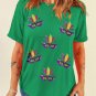 Bright Green Sequin Mardi Gras Mask Patched Pattern Crewneck Tee