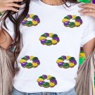 White Sequined Mardi Gras Pattern Crew Neck Short Sleeve Top