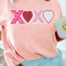 Pink Sequin Heart XOXO Patched Graphic Valentines T Shirt