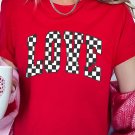 Red Checkered LOVE Letter Graphic Valentines T Shirt
