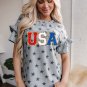 Gray USA Letter Patched Star Printed Ruffle Trim Sleeves Loose Tee