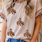 Jet Stream Sequin Rodeo Patch Twisted Rib Colorblock Leopard Trim T Shirt
