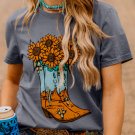 Gray Sunflower Cowgirl Boots Print Western Fashion T Shirt