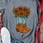 Gray Sunflower Cowgirl Boots Print Western Fashion T Shirt