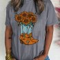 Gray Sunflower Cowgirl Boots Print Western Fashion T Shirt