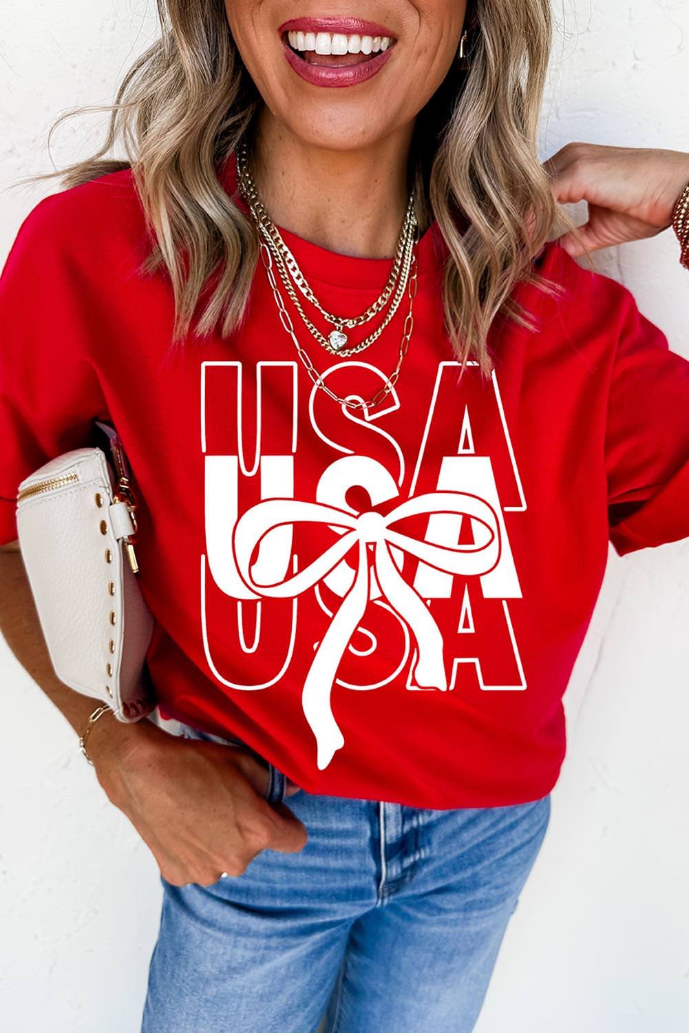 Red USA Bow Printed Casual Cotton Blend T Shirt