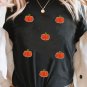 Black Chenille Pumpkin Patched Casual Cotton Blend T Shirt