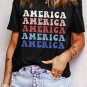 Black Colorful AMERICA Print Crewneck Patriotic T Shirt
