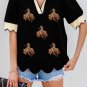 Black Contrast Scalloped Collar Cuffs Rodeo Patched Graphic Short Sleeve Top