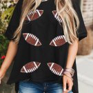 Black Sequin Rugby Football Patched Crewneck Loose T Shirt
