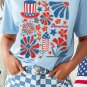 Light Blue America Floral Firework Print 4th of July T Shirt