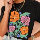 Black Colorful Flower Graphic Crewneck Summer Tee
