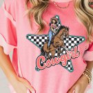 Peach Blossom Cowgirl Checkered Star Shape Print Exposed Seam T Shirt