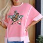 Peach Blossom Cowgirl Checkered Star Shape Print Exposed Seam T Shirt