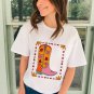 White Floral Cowgirl Boots Printed Casual T Shirt