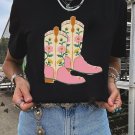 Black Floral Cowgirl Boots Cotton Blend T Shirt