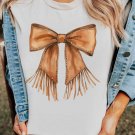 White Tassel Bowknot Print Round Neck Western Fashion T Shirt