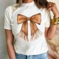 White Tassel Bowknot Print Round Neck Western Fashion T Shirt