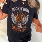 Black Guitar Wings Slogan Print Crew Neck T Shirt